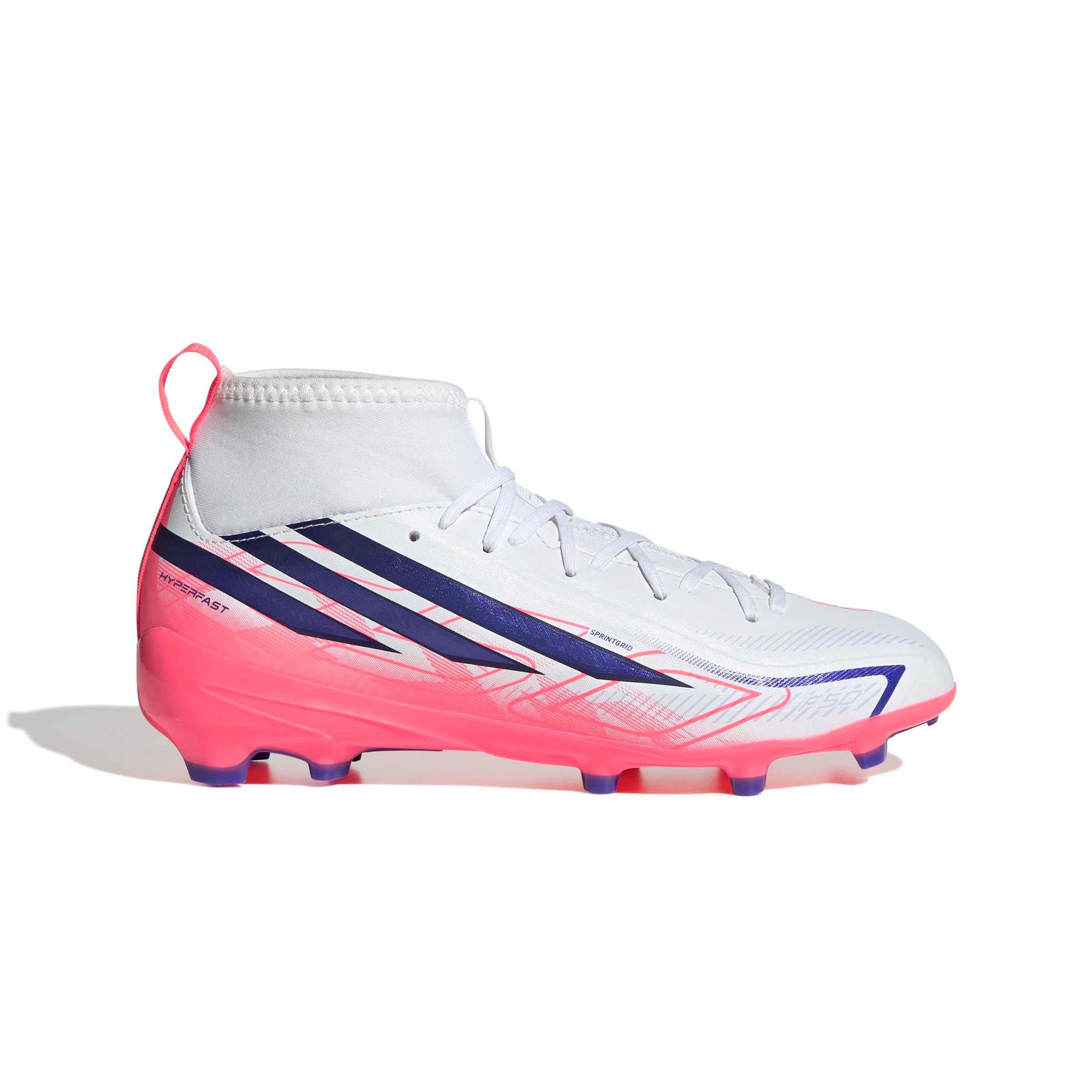adidas F50 Hyperfast League Mid FG "Solar Turbo" Grade School Kids' Soccer Cleat - CLOUD WHITE/SOLAR PURPLE/SOLAR TURBO